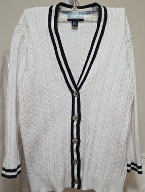 Classic White Cable-Knit Cardigan with Black Trim - Chaps Petite